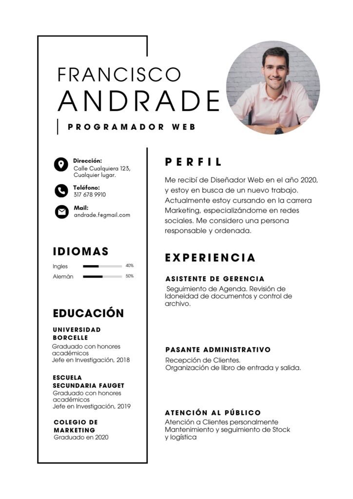 curriculum vitae programador web minimalista tipográfico blanco y negro